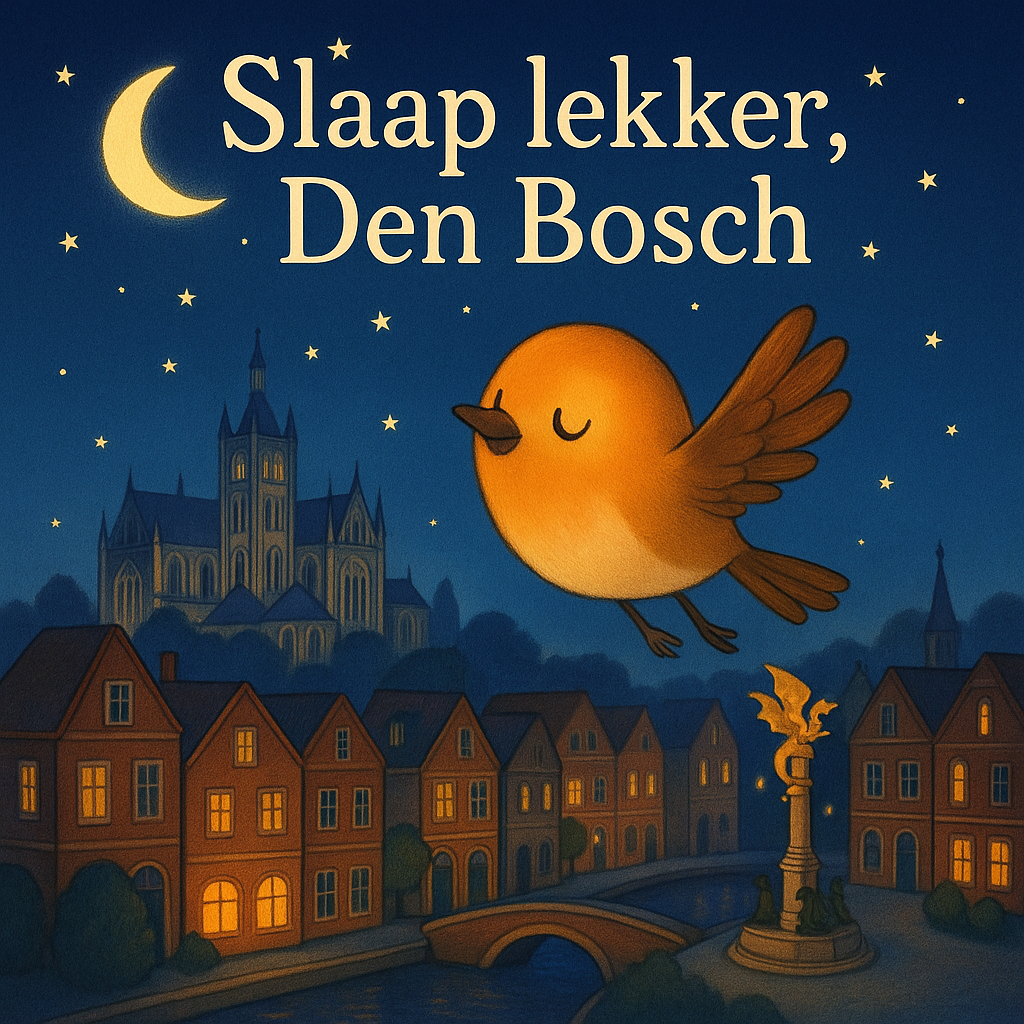 Slaap lekker, Den Bosch! kaft van prentenboek voor kinderen over vogeltje genaamd Robbie het Roodborstje dan langs heel Den Bosch vliegt